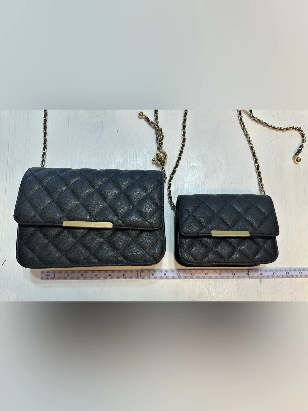 Black Quilted Crossbody Purse Set 2 Bags Gold Chain Faux Leather Matching